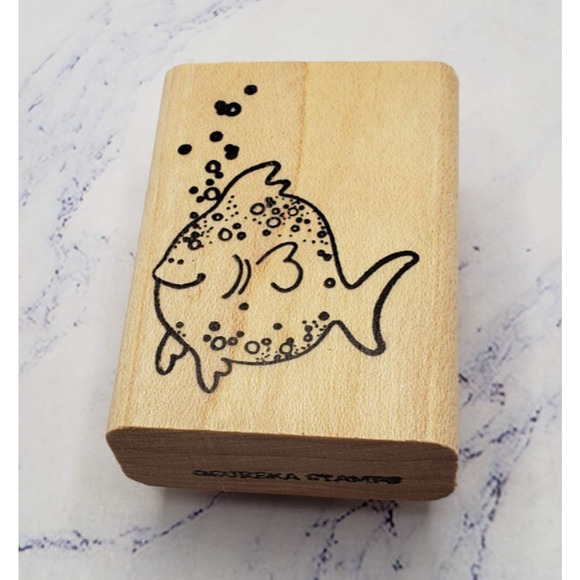 Happy Fish Eureka Stamp Small Wood Mounted Rubber Stamp - Picture 1 of 7